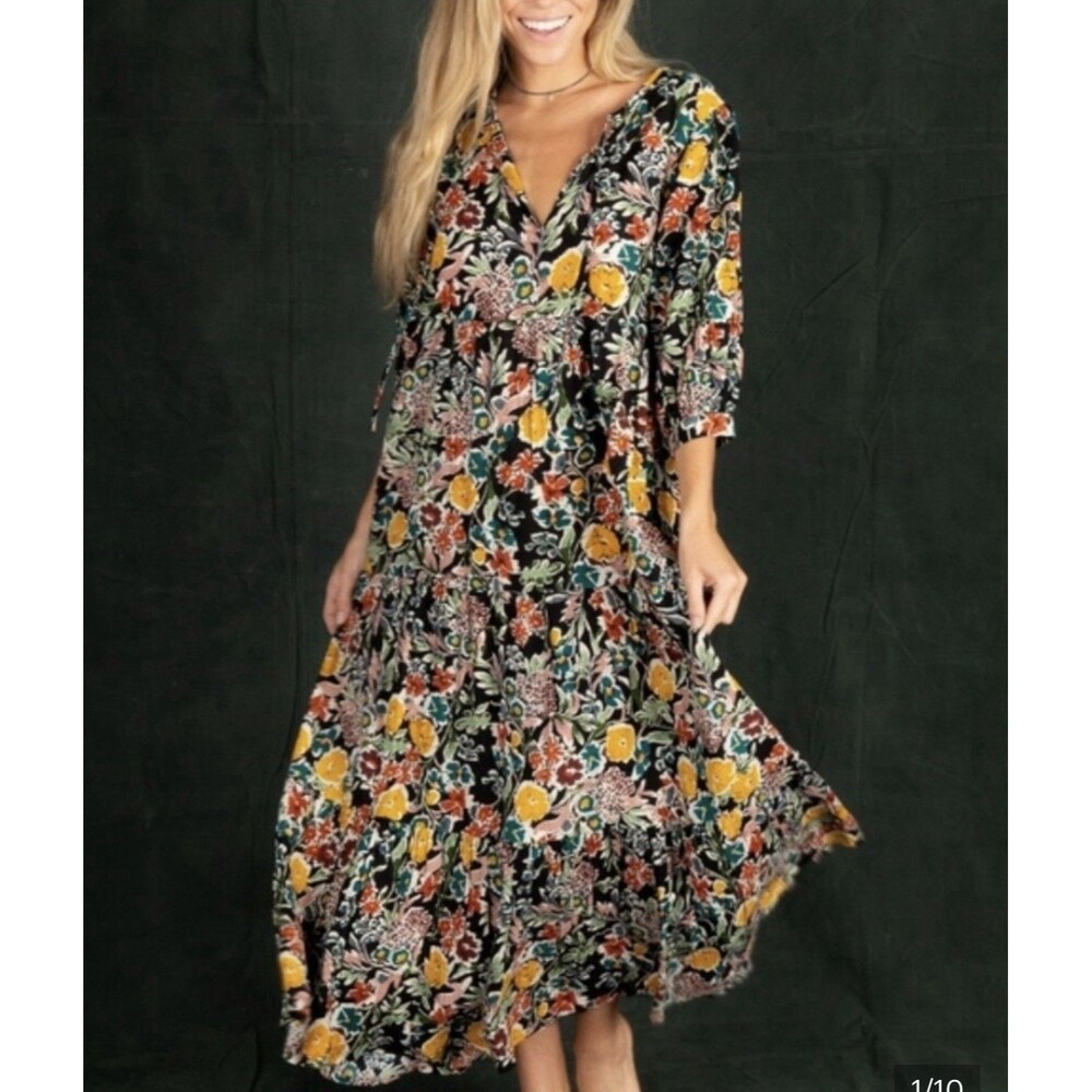 Natural Life Colette Tiered Maxi Midi Dress Nouveau Blossoms Floral Size Medium